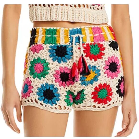 Farm Rio Multi Circles Crochet Shorts Size M Cream Cotton Floral Vibrant Boho - Picture 1 of 12